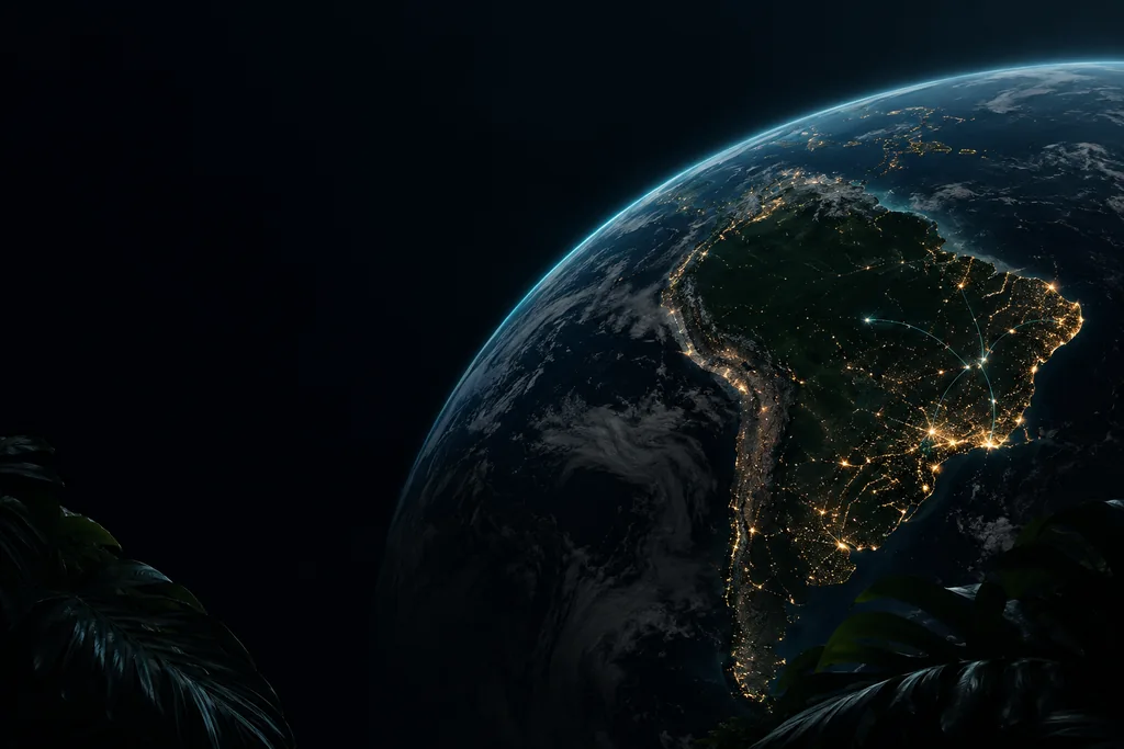 América do Sul vista à noite, expressão visual da origem brasileira e da perspectiva global da Basezza.